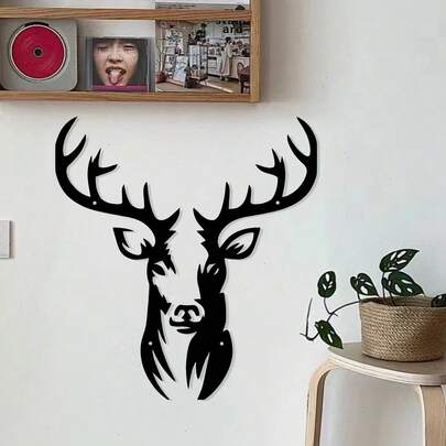 Elegante arte de parede em metal preto com cabeça de veado - Escultura moderna de silhueta de ferro para decoração interna/externa, ideal para sala de estar, jardim, estilo fazenda - Decoração de parede multiuso para Halloween e Natal, decoração de parede interna | Silhueta contemporânea | Ferro durável, decoração para casa