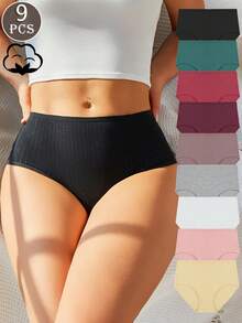 9PCS Women's Multi-Color Cotton Ribbed Mid-Rise Stretch Comfortable Breathable High-Waisted Briefs Christmas Color-Coordinated High-Waisted Briefs Perfect For Christmas Gifts, Plus Size Women's Underwear S-XXL - Nhiều màu - Xem 2