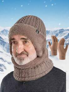 2/3件秋冬季男士耳套针织帽围脖套装，内衬抓绒加厚防寒保暖套装，适合骑行、通勤、聚会等场合。护颈，防风保暖帽子，针织帽，围脖，手套，秋冬保暖套装，男士帽子 - 彩色 - 查看 5
