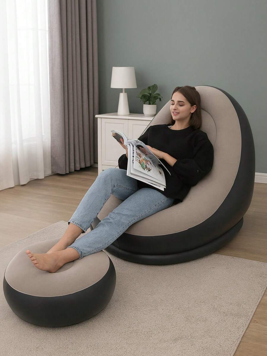 2 piezas Sofá inflable perezoso con reposapiés, diseño de dragón mullido, conjunto de sofá inflable casual para adultos con reposapiés