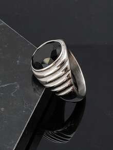 时尚黑色宝石简约男士戒指，纯实心高品质珠宝不锈钢 - 鋼色戒指 - 查看 7