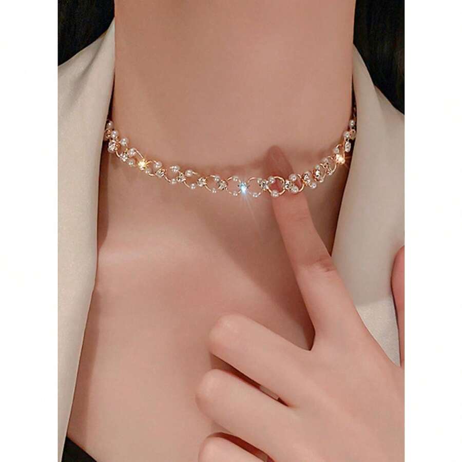1pc Faux Pearl Women Choker Necklace - Yellow Gold - View 1