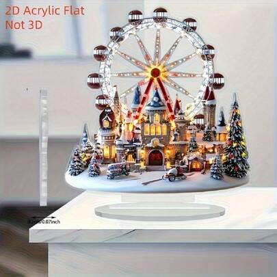 Decoração de vila natalina de roda gigante grande 2D plana - enfeite de mesa de país das maravilhas de inverno, inclui carros vermelhos, árvores de neve e castelo, exibição de plástico leve para casa, escritório, festa - adequada para decoração de Natal, ano novo e o ano todo, artesanato delicado, tema de feriado, feito à mão, decoração de festa, 2D plana