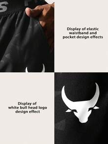 Boyfriend-Stil Herren Stier-Muster & Buchstaben Gurtband Lässig Shorts, Fitnessbekleidung, schwarze Gym Shorts, Athletische Shorts Schwarz, Herren Gym Shorts