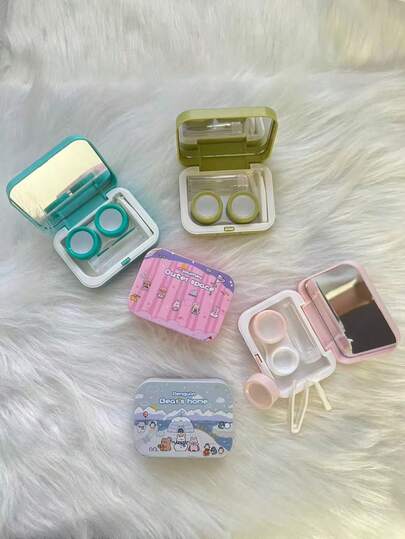 XIANG YU Cute Cartoon Pattern Contact Lens Case - Portable Travel Eye Contact Lens Storage Box With Mirror, Tweezer And Solution Container For Daily Use & Travel