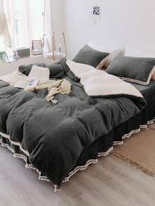 1 件柔软舒适的牛奶丝绒夏尔巴羊毛毯，双层，深灰色，适合卧室和客厅 - 灰色 - 查看 5