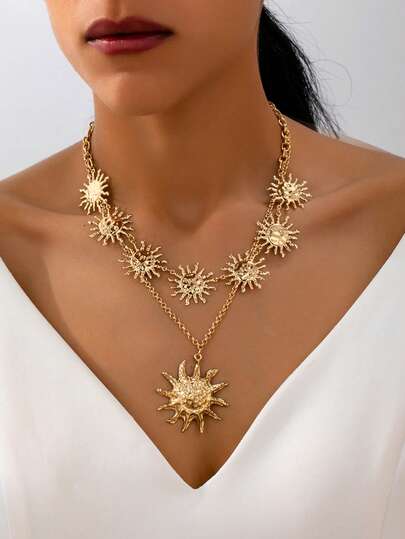 2pcs Fashionable High-End Metallic Gold Sun Pendant, Suitable For Women's Daily Wear, Layered Necklace