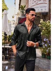 Mens Satin Dress Shirts Long Sleeve Silk Shirt Shiny Luxury Button Up Floral Shirt Party Prom Wedding Shirtshalloween - 黑色 - 查看 6