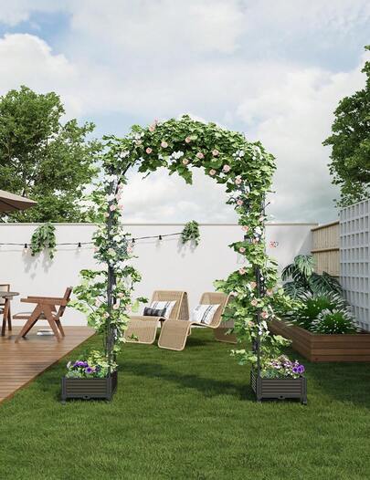 Arco de jardín enrejado, pérgola metálica con dos jardineras, arco de enrejado para plantas trepadoras, cenador metálico para bodas, fondo floral, decoración para fiestas, soporte para globos y jardinera elevada, cenador exterior para plantas trepadoras.