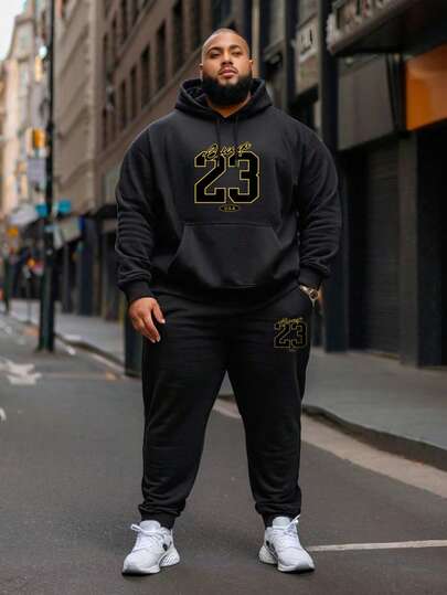 两件套加大码男士时尚运动套装，包含数字23和英文字母图案的抽绳口袋长裤和连帽卫衣，休闲百搭，适合春、秋、冬户外、街头、日常穿着。