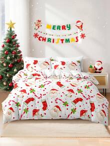 Set de 3 bucăți de husă de pilotă cu imprimeu de reni de Crăciun, brad de Crăciun (1 husă de pilotă și 2 fețe de pernă), set de lenjerie de pat cu husă de pilotă moale și prietenoasă cu pielea pentru casă, set de cearșafuri pentru toate anotimpurile, cadou de Crăciun