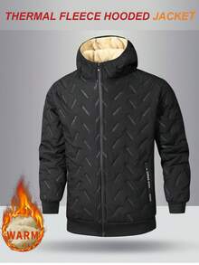 男士连帽休闲抓绒羽绒服，保暖加厚拉链外套，适合日常休闲穿着，冬季 - 黑色 - 查看 1