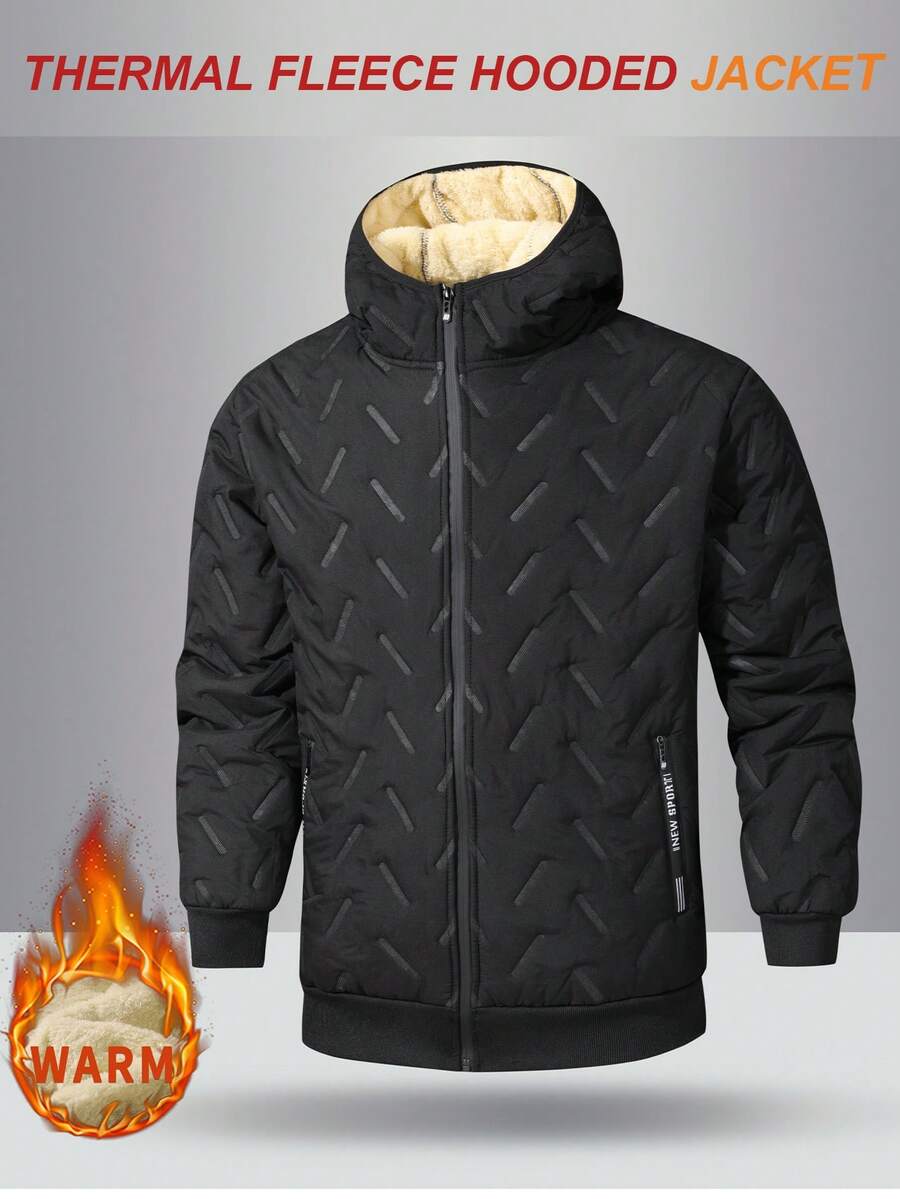 男士连帽休闲抓绒羽绒服，保暖加厚拉链外套，适合日常休闲穿着，冬季 - 黑色 - 查看 1