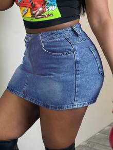 Damen Midi-Rock aus schwarzem Denim mit mittlerer Taille - Nicht dehnbar für elegante & sexy Lässig Zuhause