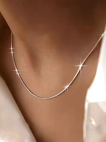 1pc Fashion Hiphop Stainless Steel Round Snake Chain Necklace, Versatile Silver Round Snake Clavicle Chain, Unisex Daily Accessory - Silver - View 1