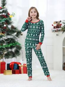 两件套女童圣诞家庭亲子装贴身睡衣，趣味圣诞树雪花印花条纹长袖上衣和裤子，舒适假日家居服套装 - 綠色 - 查看 1