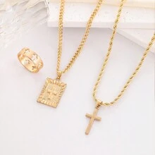 18K Gold Plated Fashion Exaggerated Hip Hop Jewelry Set, 3pcs Stainless Steel Cross Pendant Necklace With Matching Bracelet And Ring