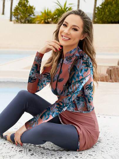 بوركيني نسائي مطاطي عالي الخصر بطبعة ورقية، مع رقبة دائرية وأكمام طويلة وسحاب