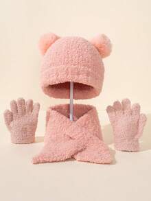 3pcs Beige Pom Pom Knitted Hat, Scarf And Gloves Set, Warm Knitwear Suit For Kids