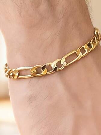 1pc Minimalist 18K Gold Flat Chain Bracelet For Men, Suitable For Daily Wear, Weddings, Parties, Holidays