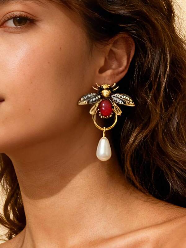 1 Pair Elegant Alloy Insect Bee & Water Drop Faux Pearl Dangle Earrings For Women