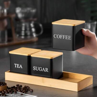 choxila 3 piezas Recipientes de almacenamiento de café, contenedores de té y aperitivos, tarros para granos de café con tapas de bambú y marco de metal, recipientes cuadrados para exhibición