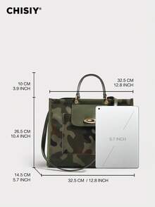 New Original Military Green Large Tote Bag, High Capacity Handbag With PU Camouflage Patchwork, Fashionable & Unique, Adjustable Shoulder Strap, Multi-Functional For Commuting, Outing, And School - 軍綠色 - 查看 6