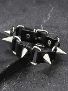 1 pieza Brazalete de cuero de estilo punk personalizado, accesorio de muñequera de cuero con remaches de calavera minimalista y feroz de estilo hip hop - Negro - Ver 9