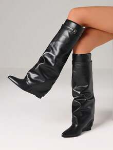 Knee High Fold Over Shark Boots For Women Pointed Toe Wedges High Heels Pull On Slouchy Boots Fashion Party Business Fall Shoes - 黑色 - 查看 6