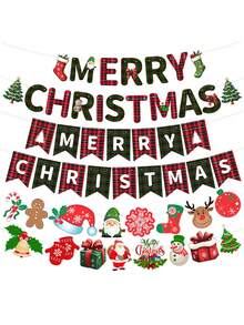 8 Peças Faixa de Natal Festiva com Letras Feliz Natal, Faixa de Papel Feliz Natal, Decoração de Festa com Bandeiras Vermelhas e Verdes Vintage do Papai Noel, Faixa Feliz Natal, Faixa de Natal Festiva, Guirlanda de Cartas do Papai Noel em Papel Grosso, Decoração de Parede para Feriados, Cenário para Fotos - Papai Noel, Biscoito de Gengibre, Boneco de Neve - Decoração Xadrez Rosa e Verde