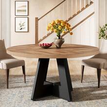 LITTLE TREE Round Dining Table Wood Kitchen Table For Dining Room, 47" Dinning Room Tables For 4 Adult, Farmhouse Dinner Table With Wooden Tabletop And Cross Base, Light Wood - Eucalyptus Brown and Black - View 9