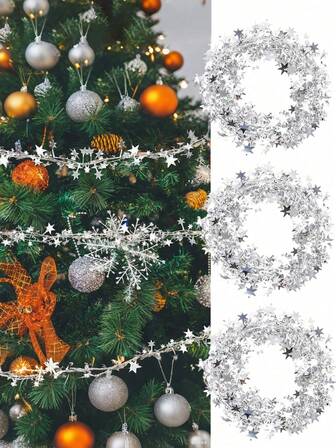 2 件 196 英寸银星金属丝花环装饰 - 金属流苏横幅，适用于圣诞树装饰、婚礼背景、生日派对照相亭、节日壁挂、节日天花板装饰、游行花车用品、闪光桌裙，非常适合圣诞节装饰、圣诞树冬季节日派对用品、新年圣诞节装饰，