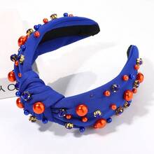 Pearl Knotted Headband, Blue, Fabric, For Women Football Game Day, Pearl Rhinestone Jeweled Hairband, Team Spirit Sports Fashion Ladies Wide Headband, Hair Accessories, One Size Fits All - 藍色A - 查看 6