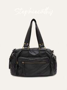 STEPHIECATHY Solid Color Washed Soft PU Faux Leather, Zipper Closure, Multi-Pocket Design, Dual Short Shoulder Straps, Adjustable Waist Belt, Unisex, Retro Casual Practical, Suitable For School & Daily Commute - Black - View 10