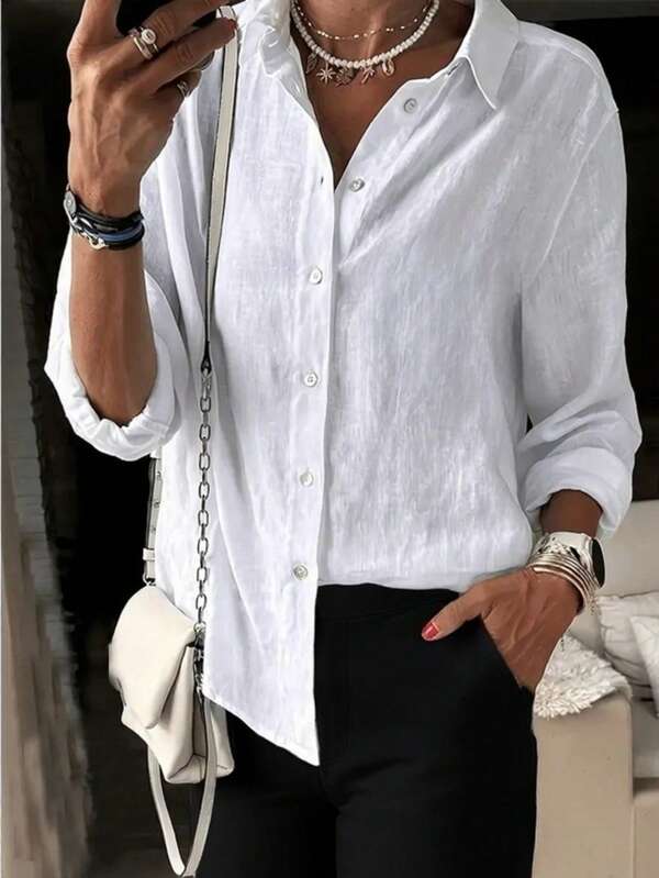 Camisa Branca Casual Elegante para Senhoras JOVI SHEEN, Camisa Feminina de Manga Longa com Lapela e Fileira Única, Roupa de Outono para Senhoras, Camisa de Escritório para Senhoras.