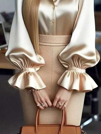 Elegant och avslappnad blus i satin för kvinnor, hudvänligt mjukt och silkeslent satintyg, topp med krage och puffärm - 100 % polyester, maskintvättbar och kemtvättbar, enfärgad, lämplig för kontor och vardagsbruk, enfärgad volang/knapp framtill