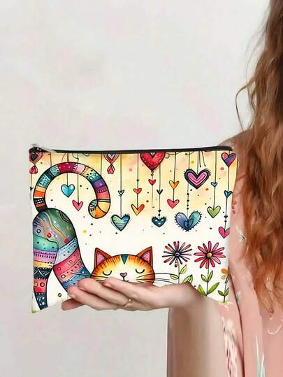 1个双面化妆包，可爱猫咪图案，双层旅行洗漱包，带拉链内袋，可用作零钱包、文具收纳包，是圣诞节、万圣节、生日、毕业季送给女性、朋友、家人、孩子的理想礼物，也适合返校季、旅行和化妆品收纳。