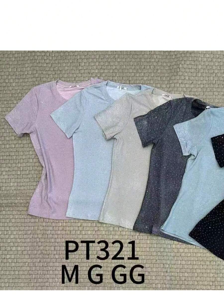 Short Sleeve Lurex Blouse With Shine - Pink - View 1
