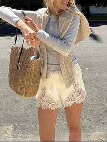 Women Satin Silk Shorts Lace Trim Patchwork Mini Micro Shorts Silky Low Rise Coquette Lounge Slip Bottoms Y2k Summer Wide Leg Lounge Shorts For Streetwear - 香檳色 - 查看 6