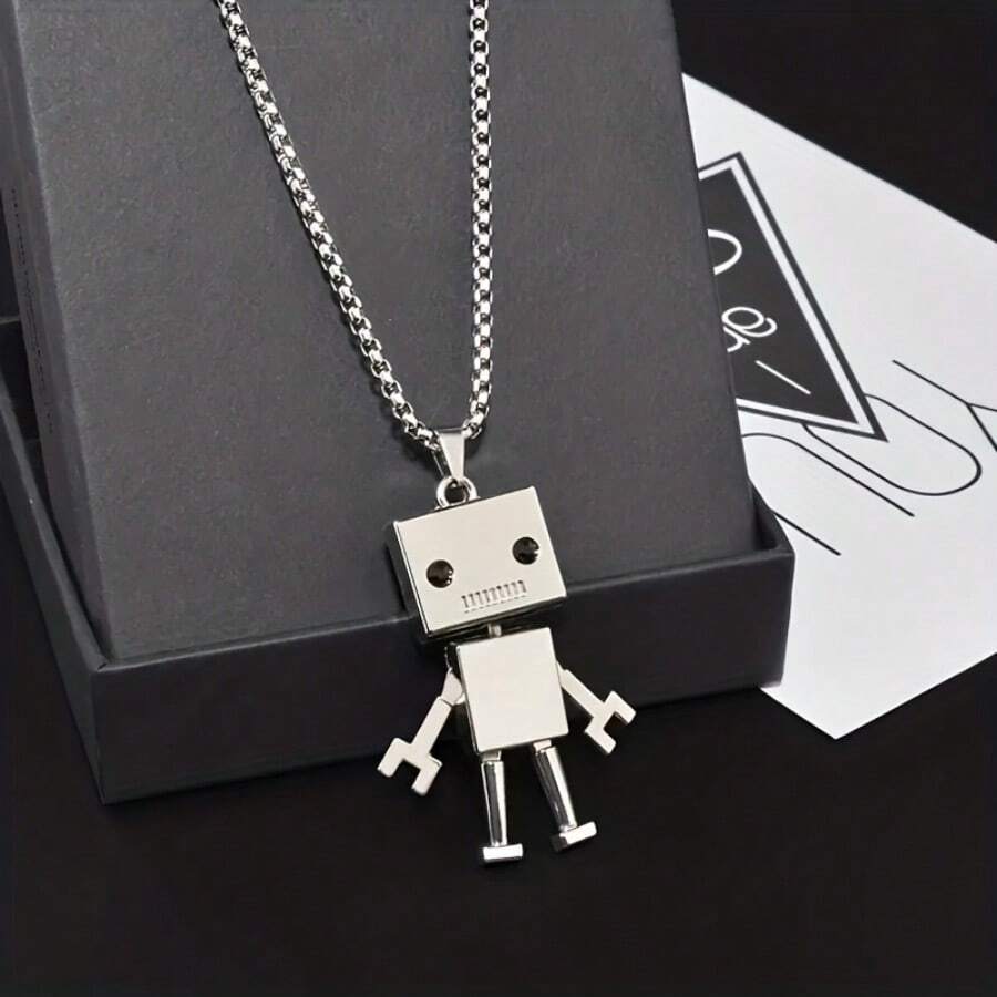 1 Boy Punk Robot Pendant Necklace, Simple And Uncoated Treatment, Suitable For Durable Daily Jewelry For Teenagers And Young People, Unique And Fashionable Accessories - Bạc - Xem 1