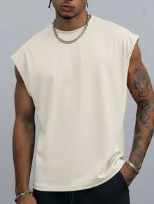 Men's Oversized Tank Top 100% Cotton Plain Basic Oversized Blouse Sleeveless T-Shirt Streetwear Cool - 奶油色 - 查看 3
