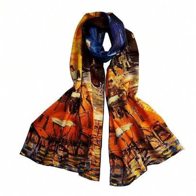 Van Gogh And Claude Monets Paintings, Fashion Silk Scarf Premium Shawl Wrap Art (Van Gogh - Starry Night)
