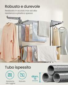 Stendibiancheria, Stendino Pieghevole a 4 Livelli, con Ruote e Ali Richiudibili, 63,5 x 125,5 x 173 cm, Capiente, Uso Interno ed Esterno, Grigio Tortora - Grigio - Visualizzare 3
