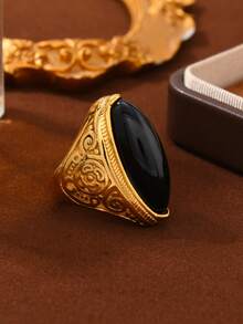 1pc Vintage Stainless Steel Personalized Retro Texture Tiger Eye Stone Signet Ring, Suitable For Men And Women, Daily, Festival, Engagement, Date, Wedding, Vacation Matching - Gold - View 7