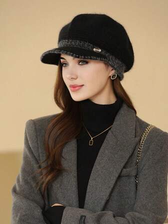 1 pieza Boina de mujer de unicolor, de cálido pelo de conejo, versátil y de moda, adecuada para personas de mediana edad y mayores, gorro de punto para uso al aire libre y casual, otoño/invierno