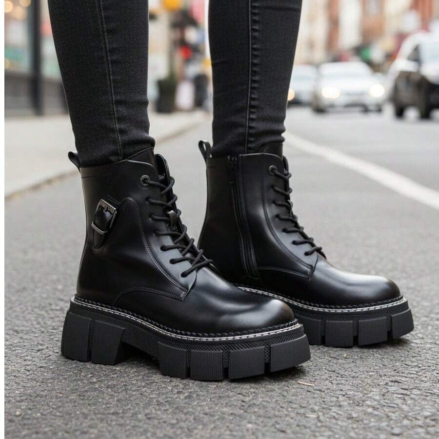 Bottines pour femmes avec design de boucle, décontractées, pour usage quotidien, l'école, les vacances et la maison - Noir - Voir 1