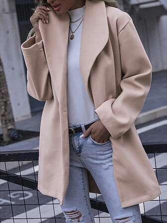 Abrigo largo de mujer de unicolor con solapa, versátil para el uso diario y el uso en la calle