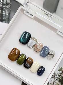 10片暖棕色渐变米色手绘条纹粉色蝴蝶结水钻猫眼按压式短款假指甲，适合秋冬季日常佩戴，颜色可爱亮丽，可卸除，适合女性和女孩，带收纳盒 - 彩色 - 查看 2