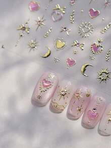 1pc Gold Totem Pink Heart Nail Art Stickers, Holographic Nail Decals, Nail Art Design, Rhinestones, 5D Self-Adhesive, Nail Accessories Women, Aesthetic Nail Art - 多色 7 - 查看 8