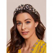 Pearl Knotted Headband For Women White Pearl Rhinestone Crystal Jeweled Embellished Hairband Fashion Elegant Ladies Wide Top Knot Bride Boho Head Band Headpieces Bachelorette Party Hair Accessories - 豹紋結髮帶 - 查看 3